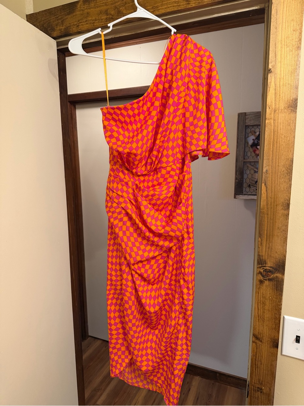DO+BE One-Shoulder Pink and Orange Checker Midi Dress